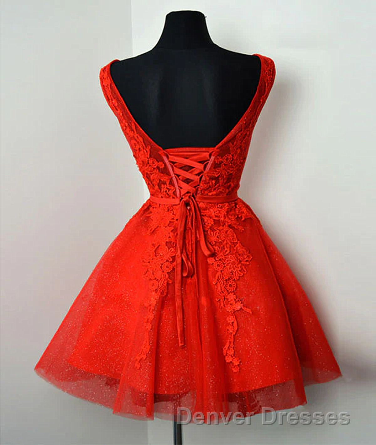 Red Lace Round Neckline Short Party Dress, Red Short Homecoming Dress Secondary image