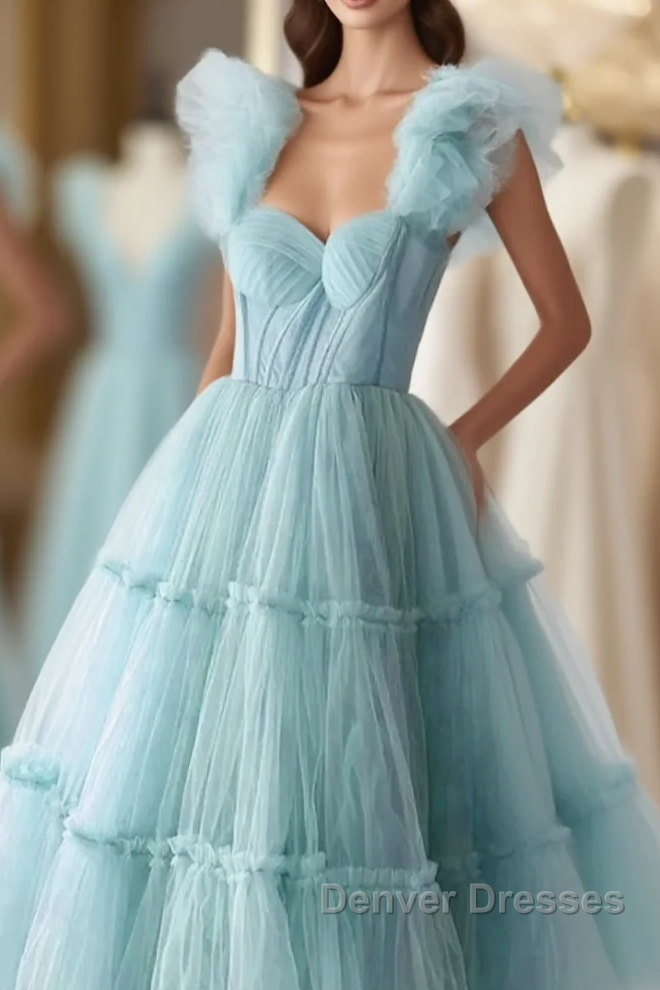 Light Blue Tulle Straps Long Party Dress Evening Dress, Light Blue A-Line Prom Dress Main image