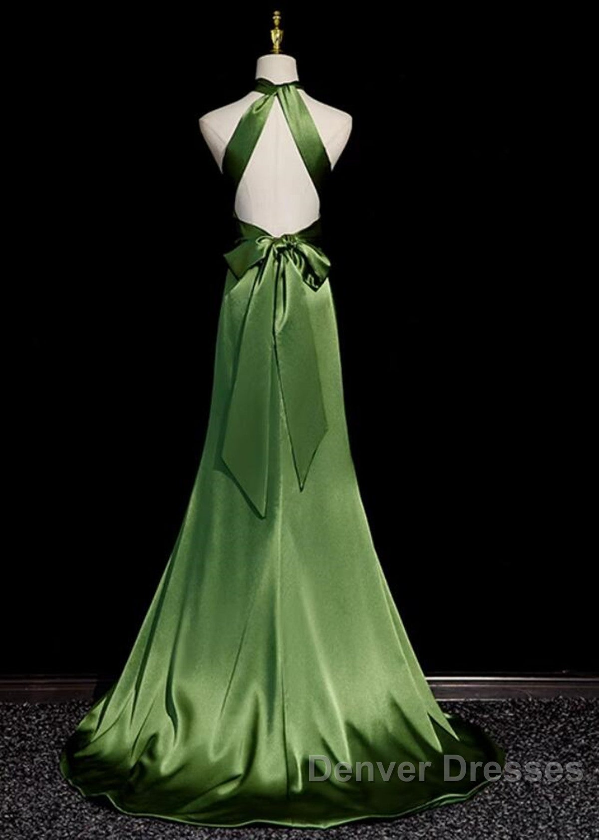 Green Soft Satin Halter Long Evening Dress Party Dress, Green A-line Prom Dress