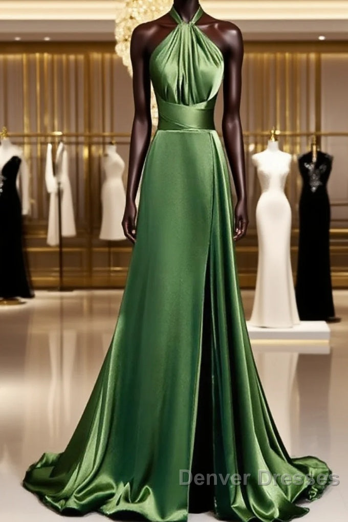 Green Soft Satin Halter Long Evening Dress Party Dress, Green A-line Prom Dress Main image