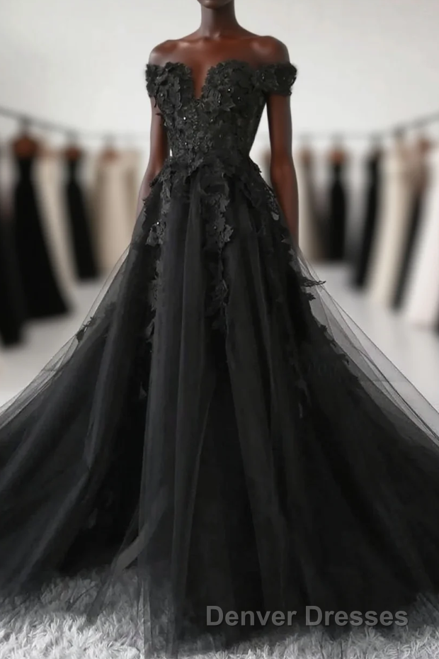 Black Off Shoulder Tulle Long Evening Dress Prom Dress, Black Lace Formal Dress Main image
