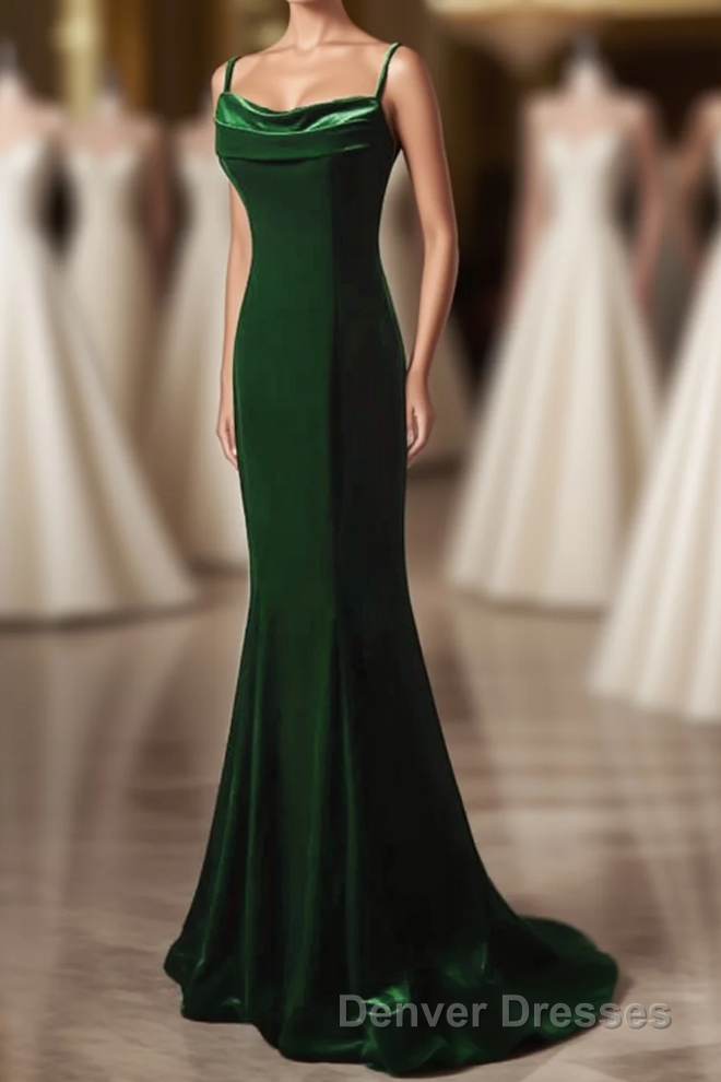 Green Mermaid Long Velvet Party Dress, Green Straps Long Formal Dress Prom Dress