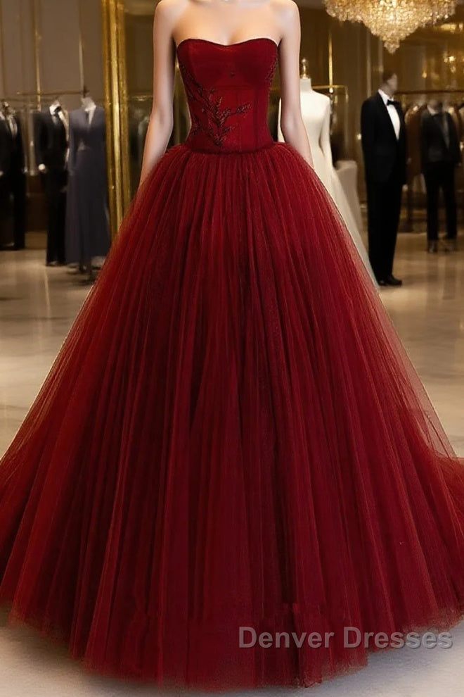 Wine Red Tulle Scoop Long Formal Dress, Wine Red Tulle Prom Dress Party Dress Main image