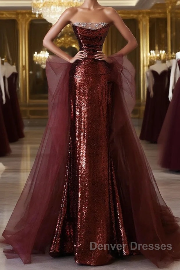 Wine Red Sequins and Tulle Beaded Long Party Dress, Wine Red Evening Dress Main image