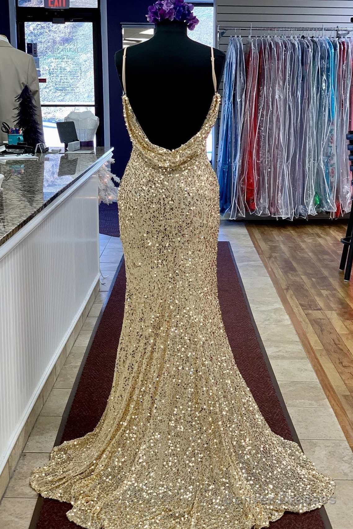 Champagne Sequin Cowl Back Mermaid Long Prom Dress with Slit Secondary image
