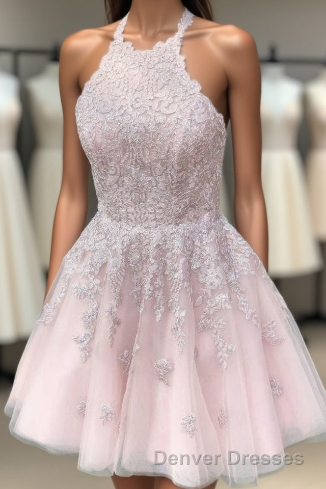 Halter Lace-Up back Short Pink Lace Homecoming Dress Main image
