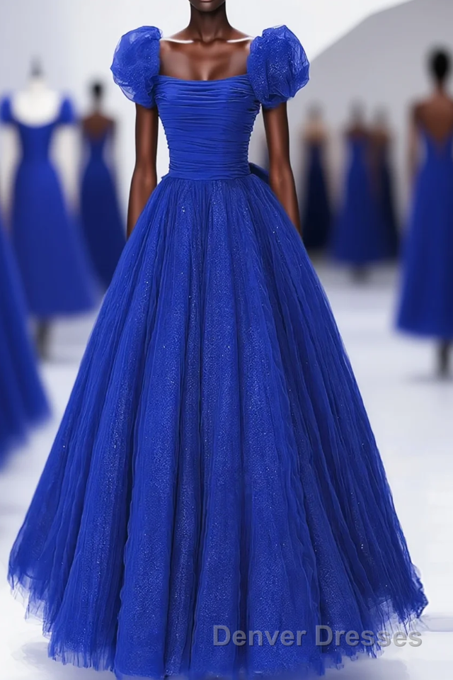 Royal Blue Scoop Tulle Short Sleeves Long Prom Dress, Royal Blue A-Line Party Dress Main image