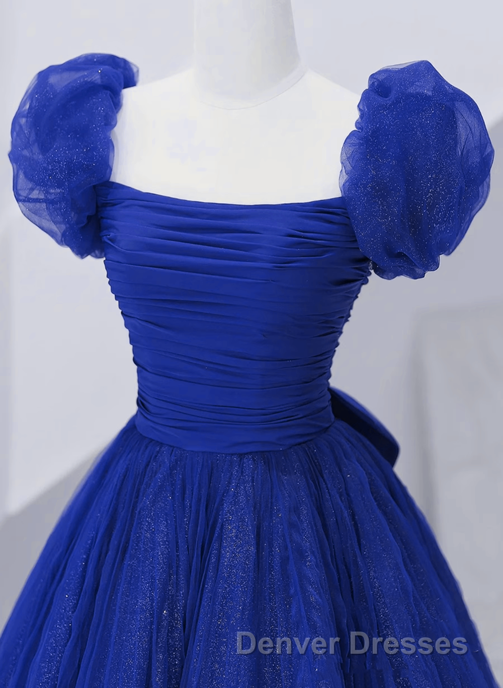Royal Blue Scoop Tulle Short Sleeves Long Prom Dress, Royal Blue A-Line Party Dress Secondary image