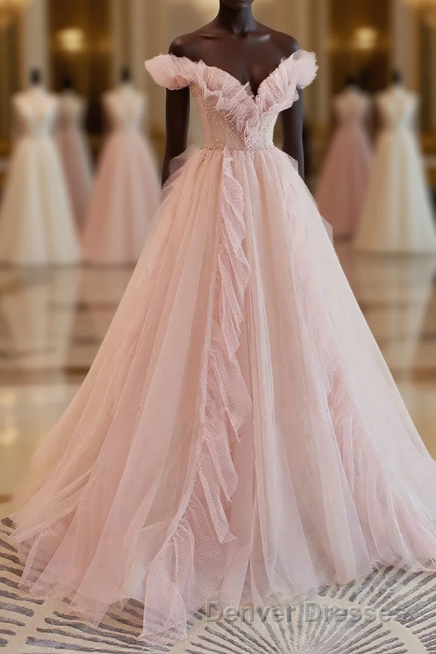 Pink Tulle Off The Shoulder A-Line Tulle Ruffles Floor-Length Prom Dress, Pink Long Party Dress