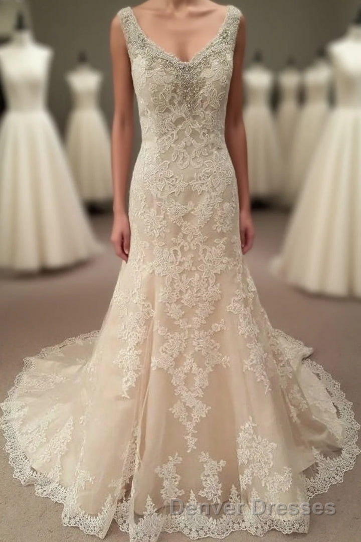 Mermaid Long Champagne Bridal Dress with Lace Main image