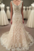 Mermaid Long Champagne Bridal Dress with Lace