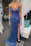 High Slit Blue Sequins Straps Mermaid Prom Dress