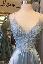 Light Blue Lace Lace-Up Back A-Line Prom Dress with Slit