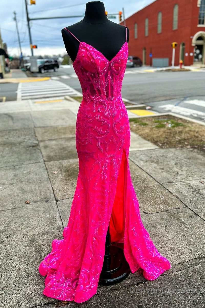 Neon Pink Floral Lace V-Neck Mermaid Long Formal Dress with Slit Main image