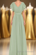 Elegant Sage Green Ruffled A-Line Long Bridesmaid Dress