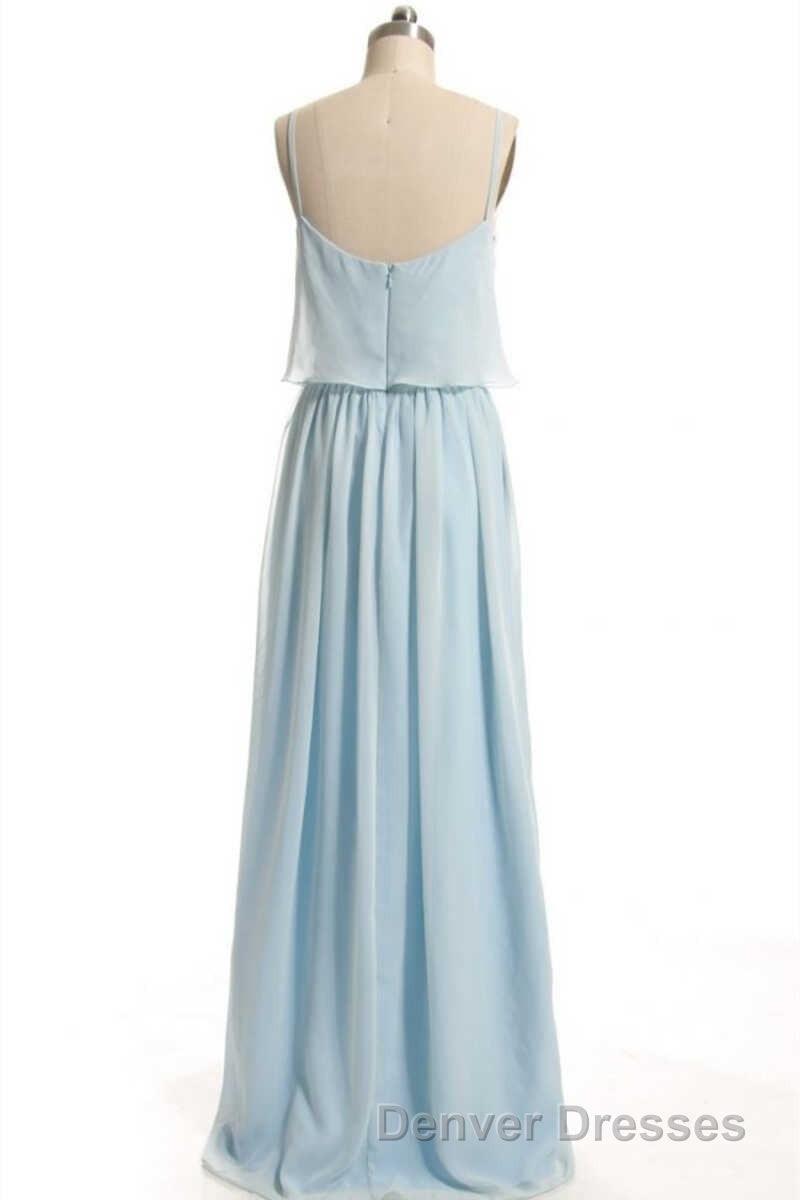 Dusty Blue Chiffon Spaghetti Straps Ruffled Long Bridesmaid Dress Secondary image