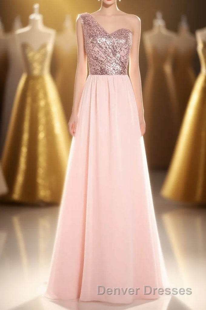 One-Shoulder Sequin and Chiffon A-Line Long Bridesmaid Dress Main image
