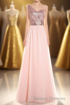 One-Shoulder Sequin and Chiffon A-Line Long Bridesmaid Dress