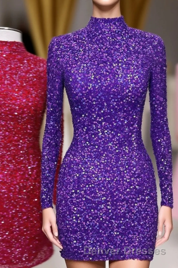 Regency High Neck Long Sleeves Sequins Keyhole Homecoming Dress