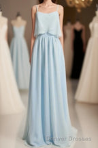 Dusty Blue Chiffon Spaghetti Straps Ruffled Long Bridesmaid Dress