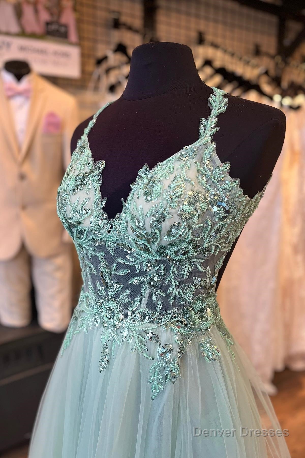 Dusty Sage Flower Straps Beaded V Neck Long Prom Dress Secondary image
