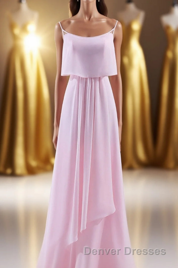 Pink Flounce Chiffon Straps A-line Long Bridesmaid Dress