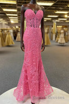 Hot Pink Appliques Strapless Mermaid Long Prom Dress
