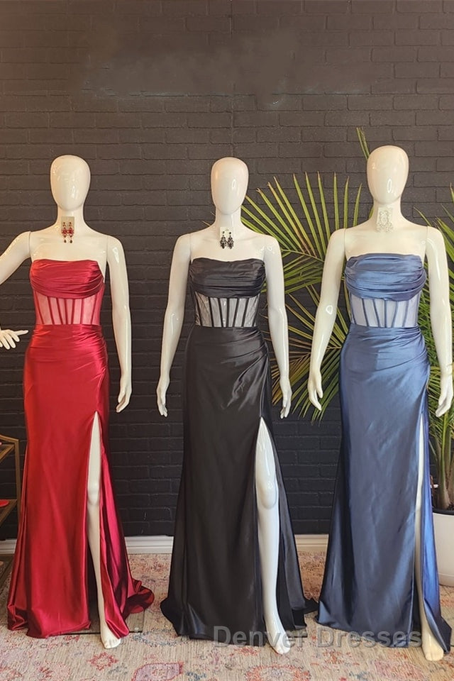 Black Strapless Mermaid Satin Long Prom Dress with Slit