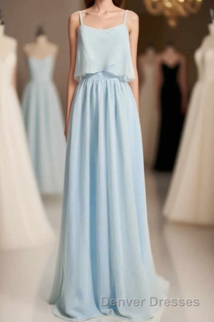 Dusty Blue Chiffon Spaghetti Straps Ruffled Long Bridesmaid Dress
