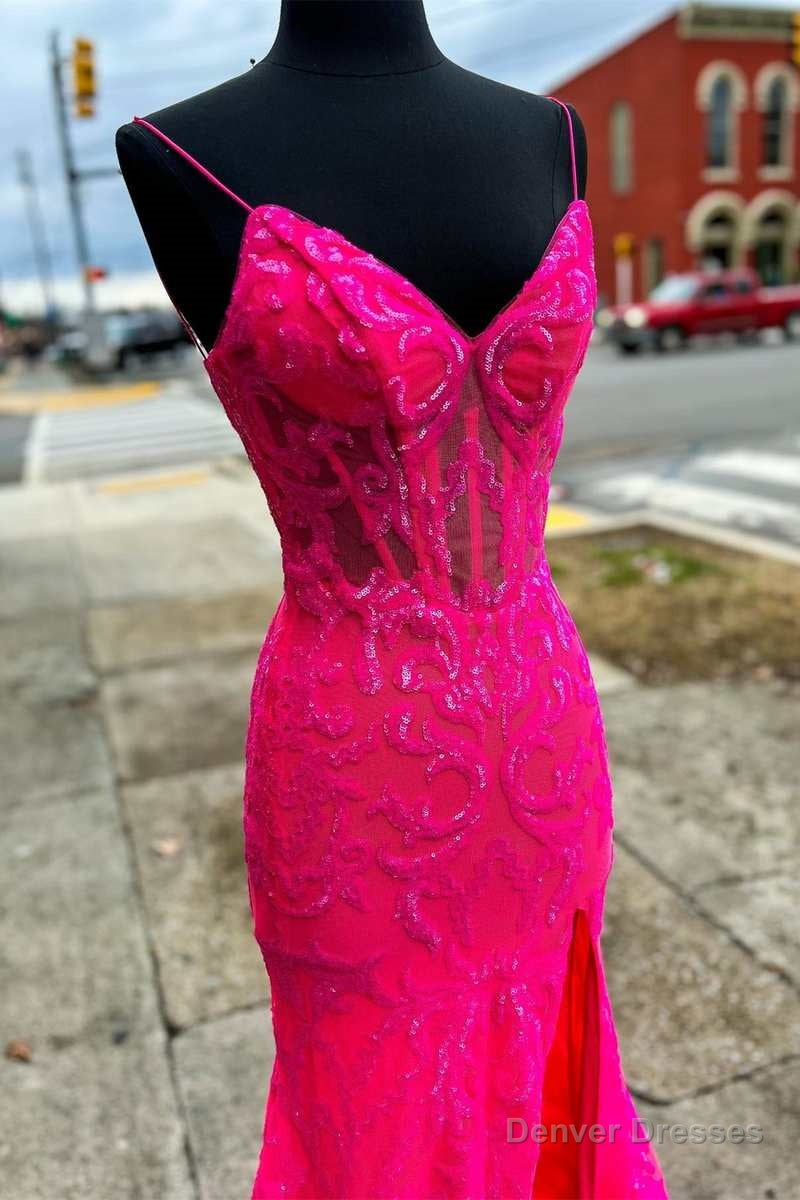 Neon Pink Floral Lace V-Neck Mermaid Long Formal Dress with Slit Secondary image