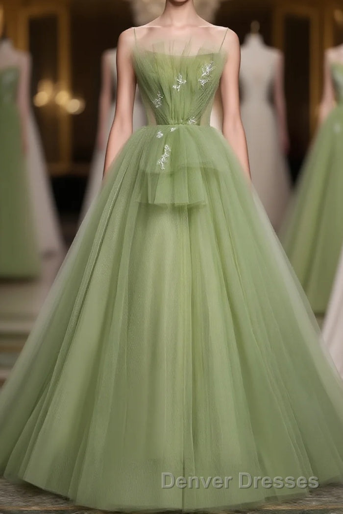 Green Tulle Long Prom Dress, Green Tulle Formal Dress Main image