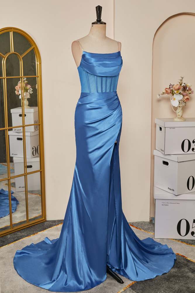 Blue Pleated Strapless Mermaid Satin Long Prom Dress with Slit Secondary image
