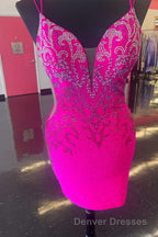 Royal Blue Beaded Plunge V Lace-Up Short Homecoming Dress