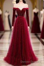 Burgundy Round Neck Tulle Sequin Long Prom Dress, Tulle Formal Dress