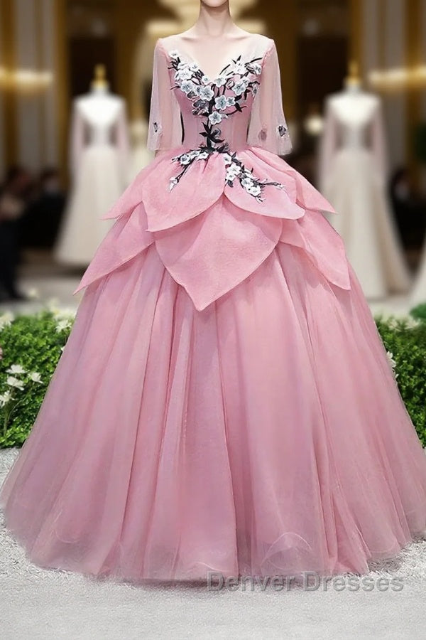 Pink V Neck Tulle Lace Applique Long Prom Dress, Pink Evening Dress, 1