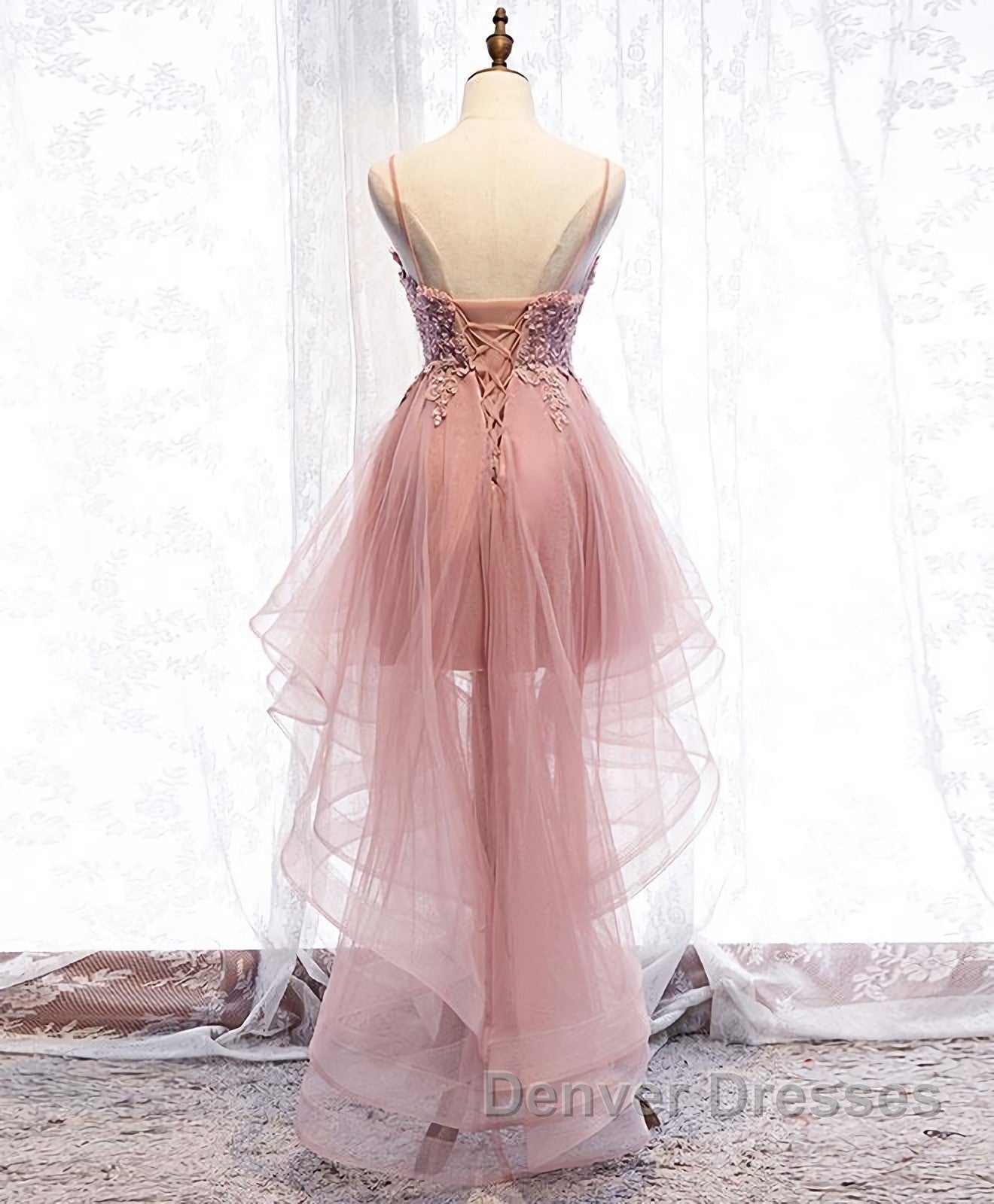 Pink Tulle Lace High Low Prom Dress, Pink Homecoming Dress, 1 Secondary image