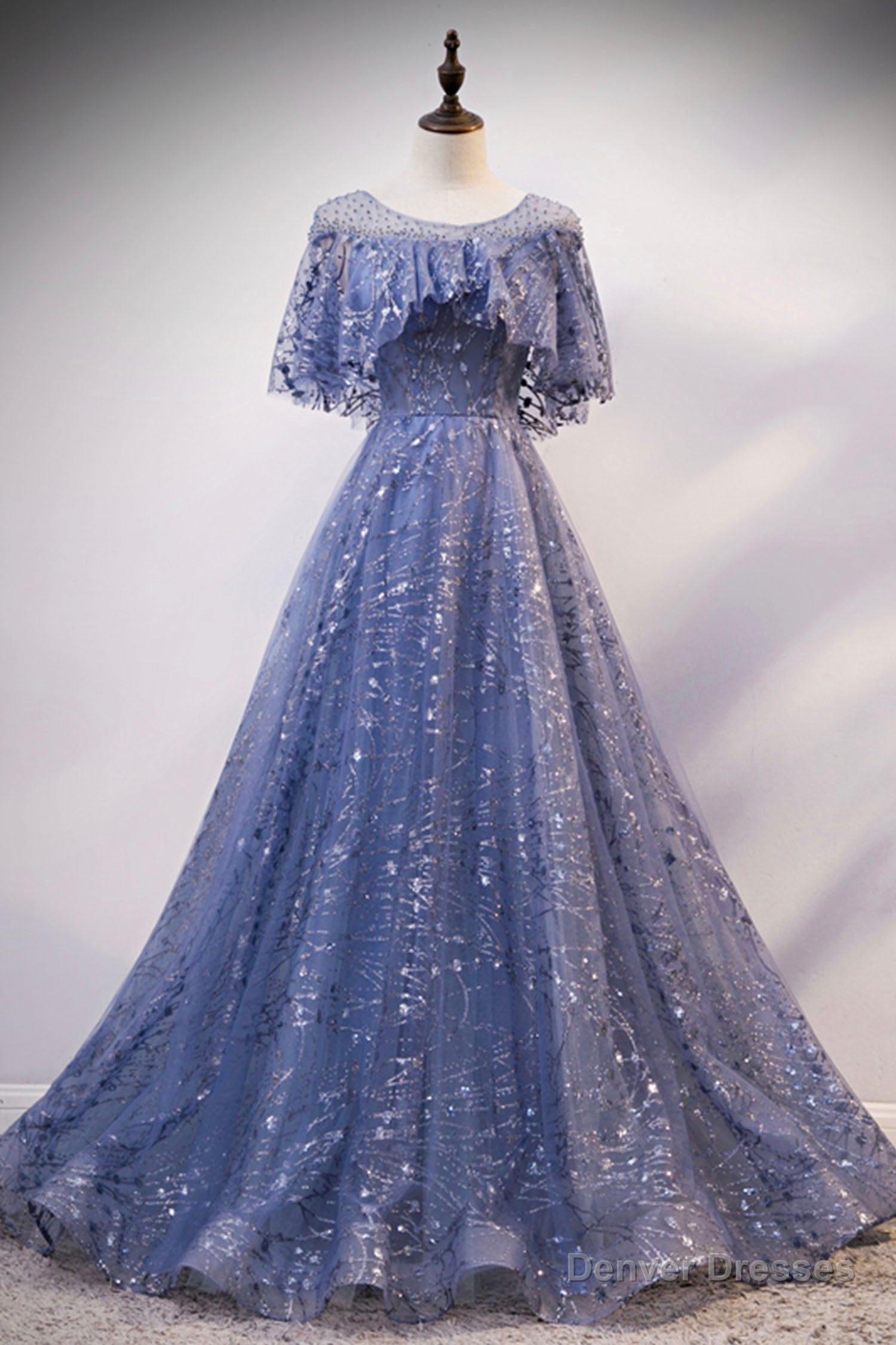 Blue Tulle Sequins Long Prom Dress, A-Line Blue Evening Dress Main image