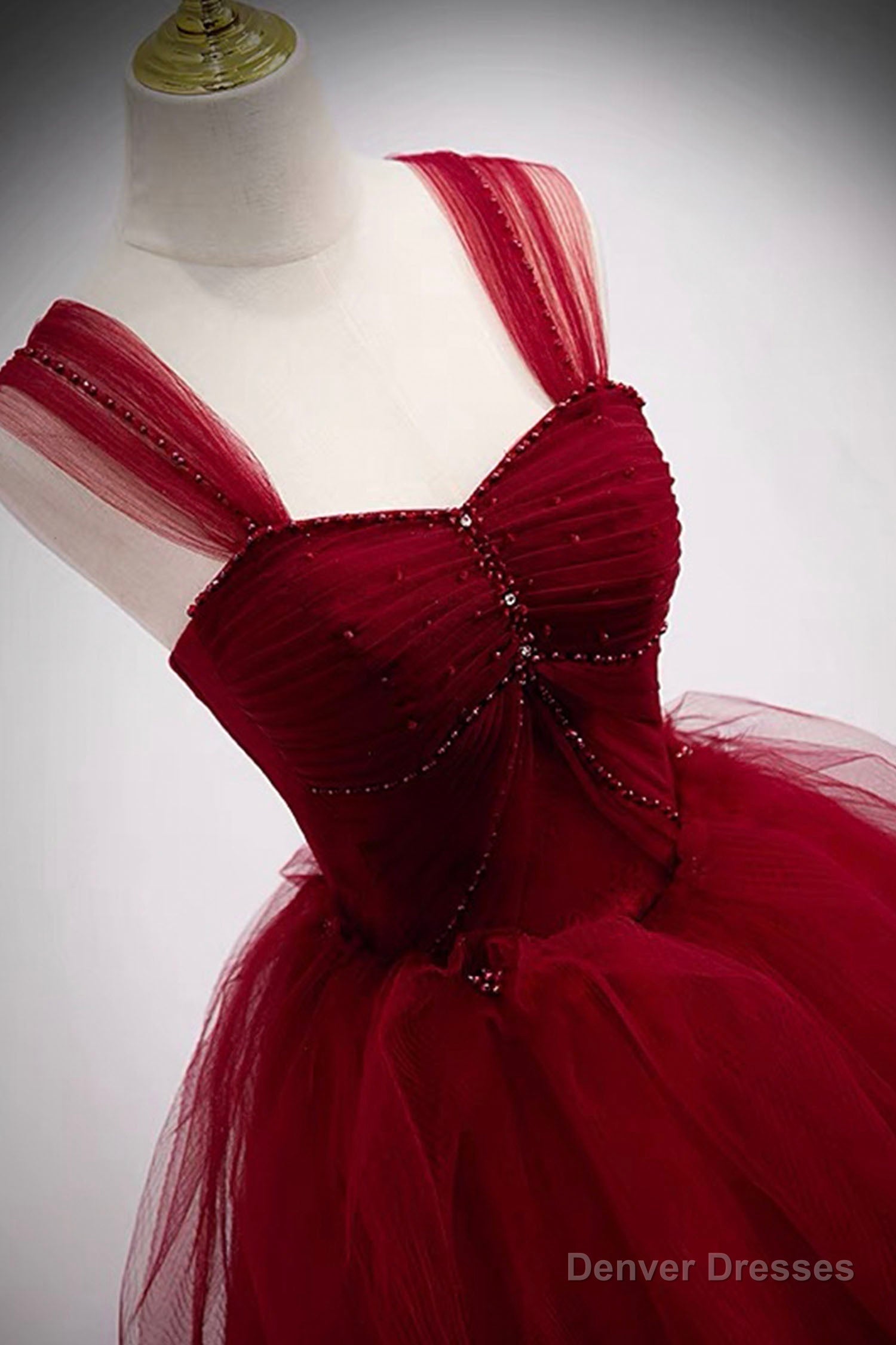 Burgundy Tulle Long A-Line Prom Dress, Burgundy Evening Party Dress Secondary image