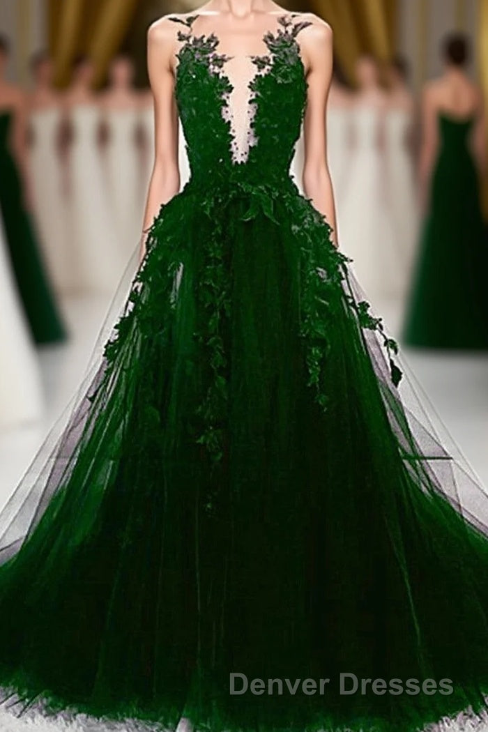 Dark Green Tulle With Lace Deep Neckline Backless Prom Dress, Dark Green Party Dress Main image