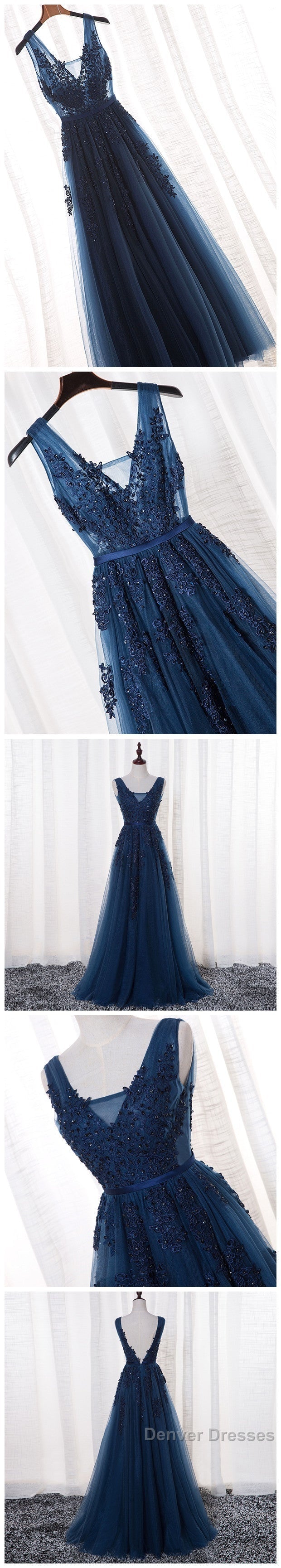 Glamorous Navy Blue Lace Tulle V Neck See Through Prom Dress Secondary image