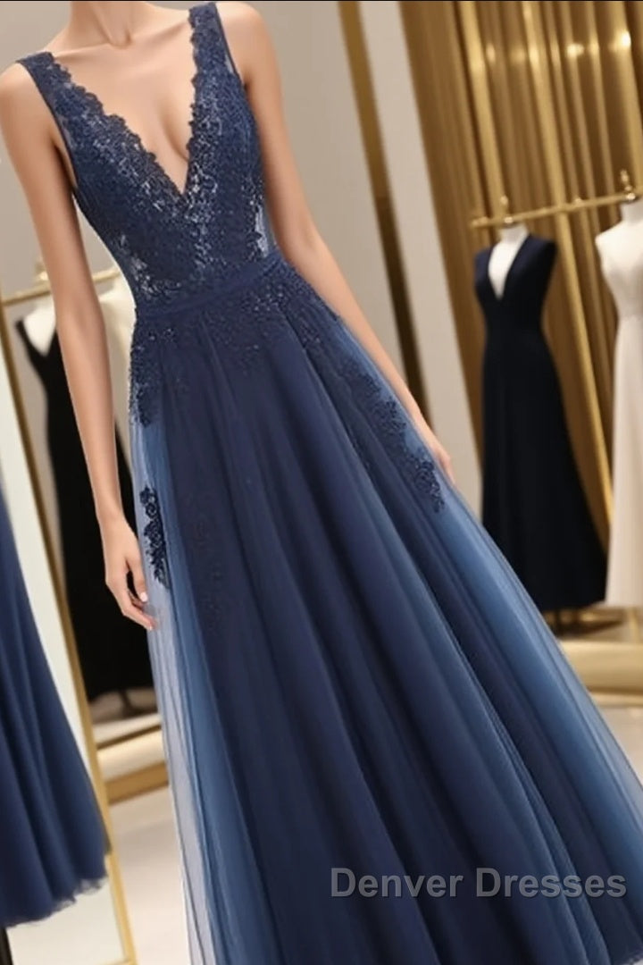 Glamorous Navy Blue Lace Tulle V Neck See Through Prom Dress