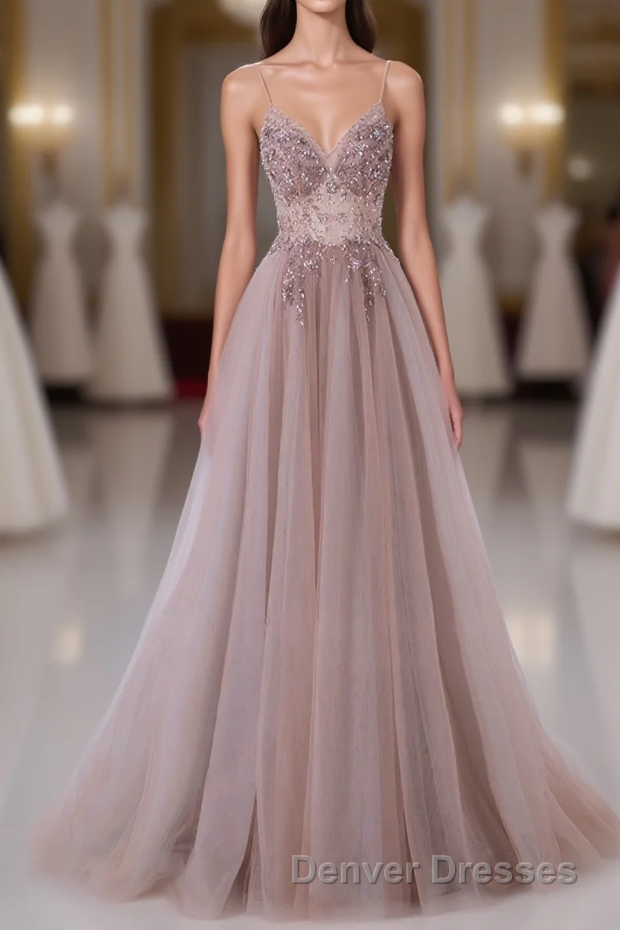 Pink V-Neckline Beaded Straps Long Party Dress, A-Line Pink Tulle Floor Length Prom Dress Main image