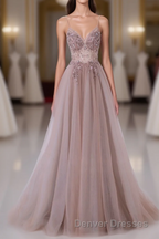 Pink V-Neckline Beaded Straps Long Party Dress, A-Line Pink Tulle Floor Length Prom Dress