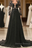 Black Long Sleeves Chiffon With Lace Evening Dress, Black A-Line Party Dress With Leg Slit