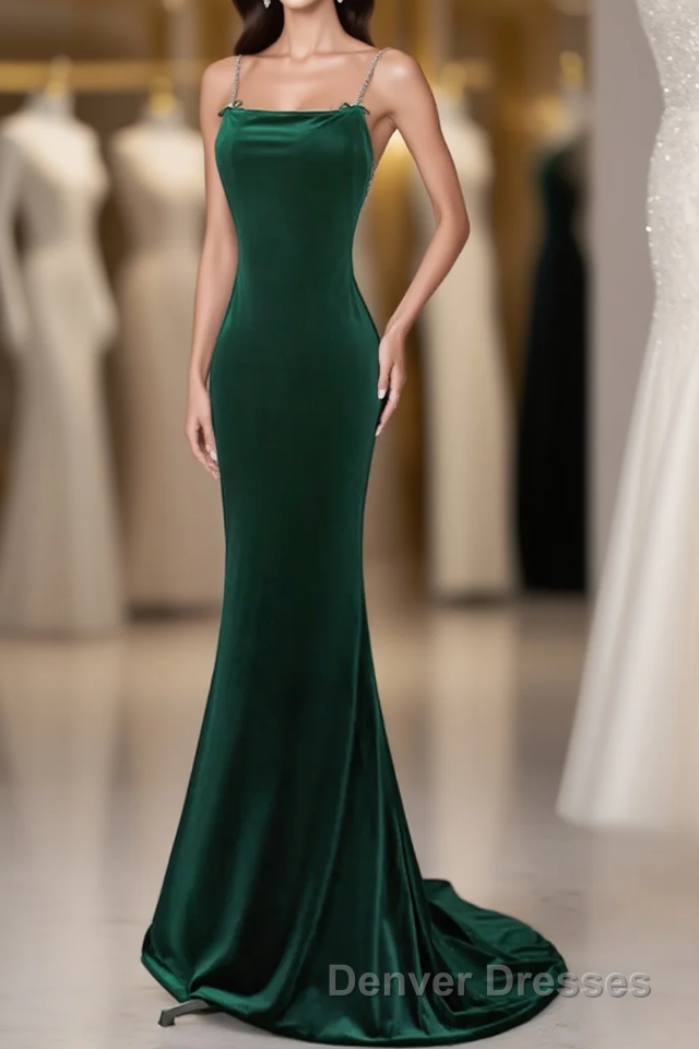 Green Velvet Mermaid Straps Long Formal Dress, Green Evening Dress Party Dress