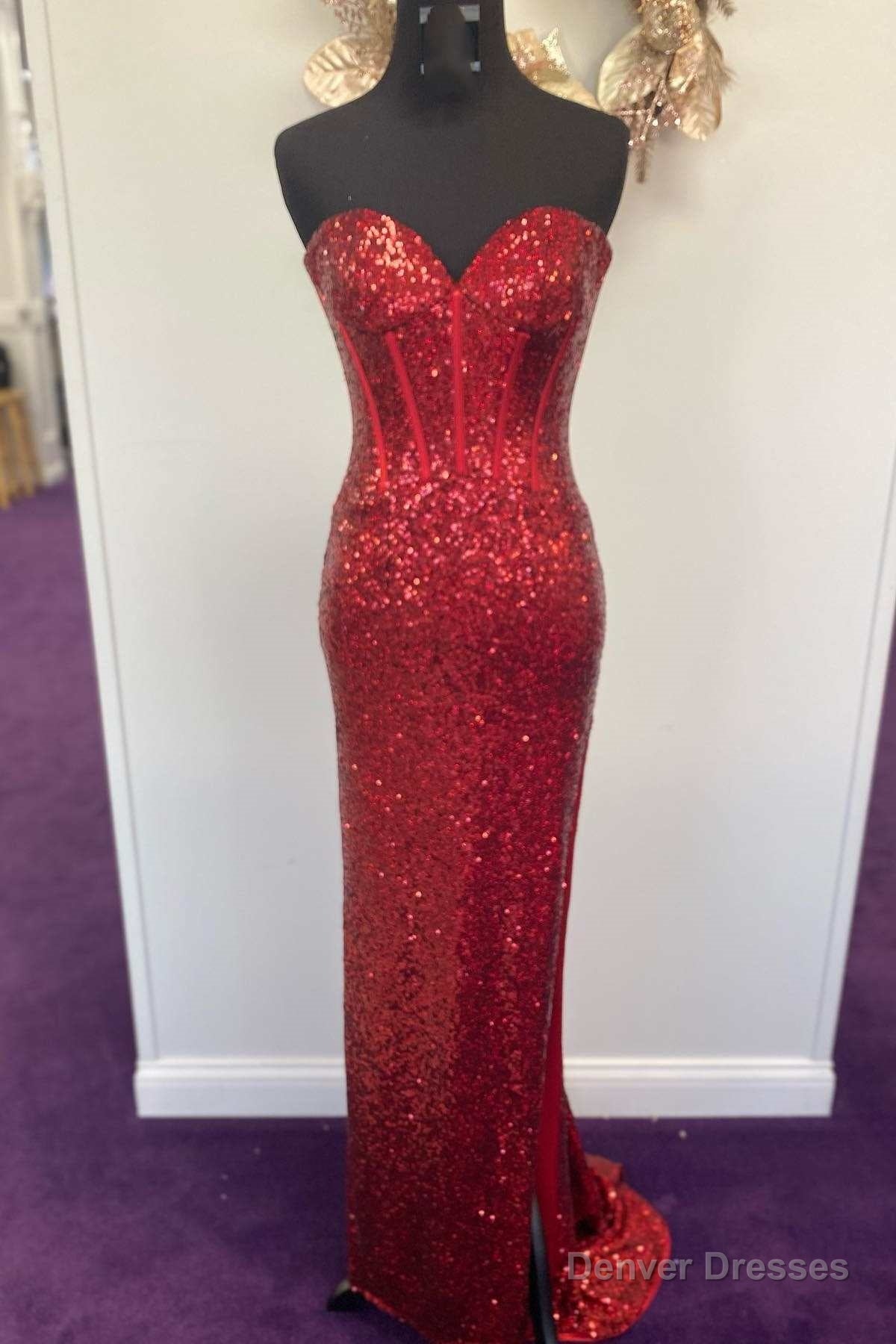 Mermaid Red Sequin Strapless Long Prom Dress with Slit