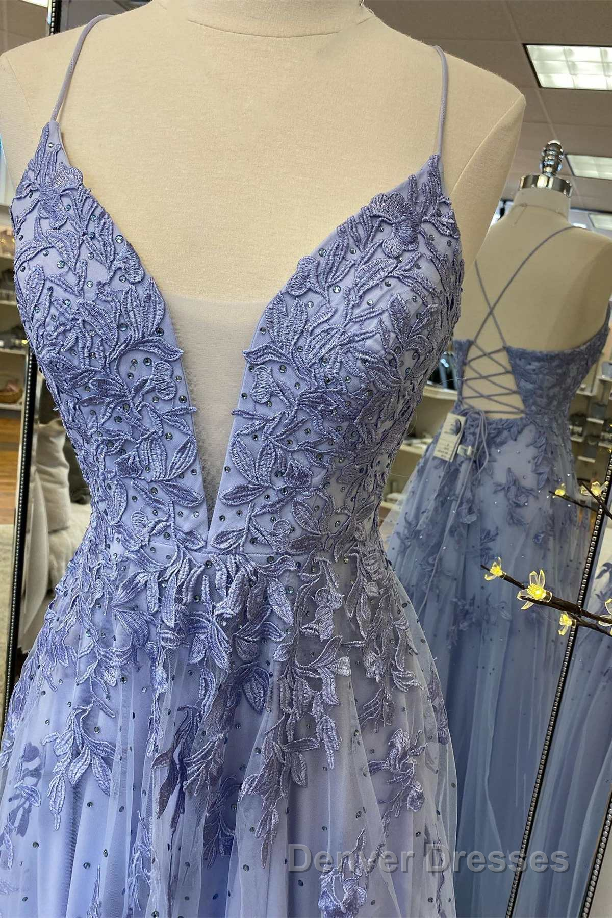 Lavender Tulle V-Neckline Long Party Dress, Lavender Straps Prom Dress Formal Dress Secondary image