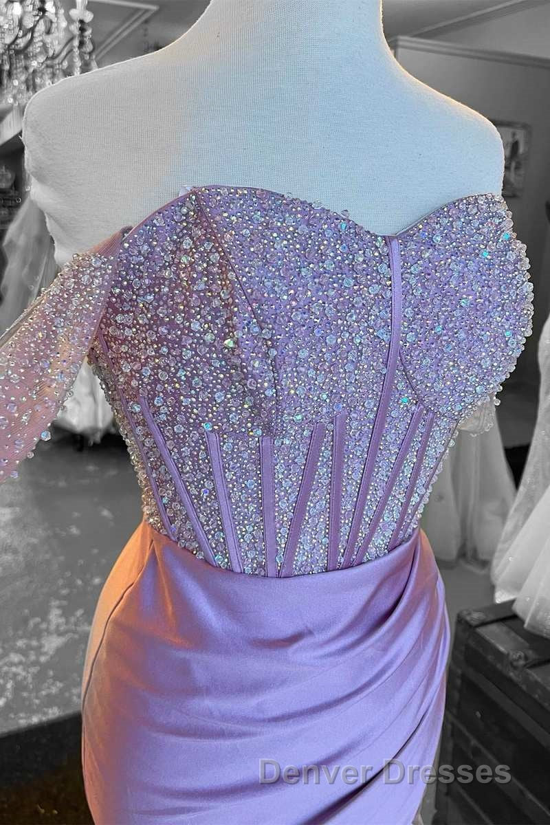 Lilac Beaded Off-the-Shoulder Long Formal Dress with Slit Secondary image