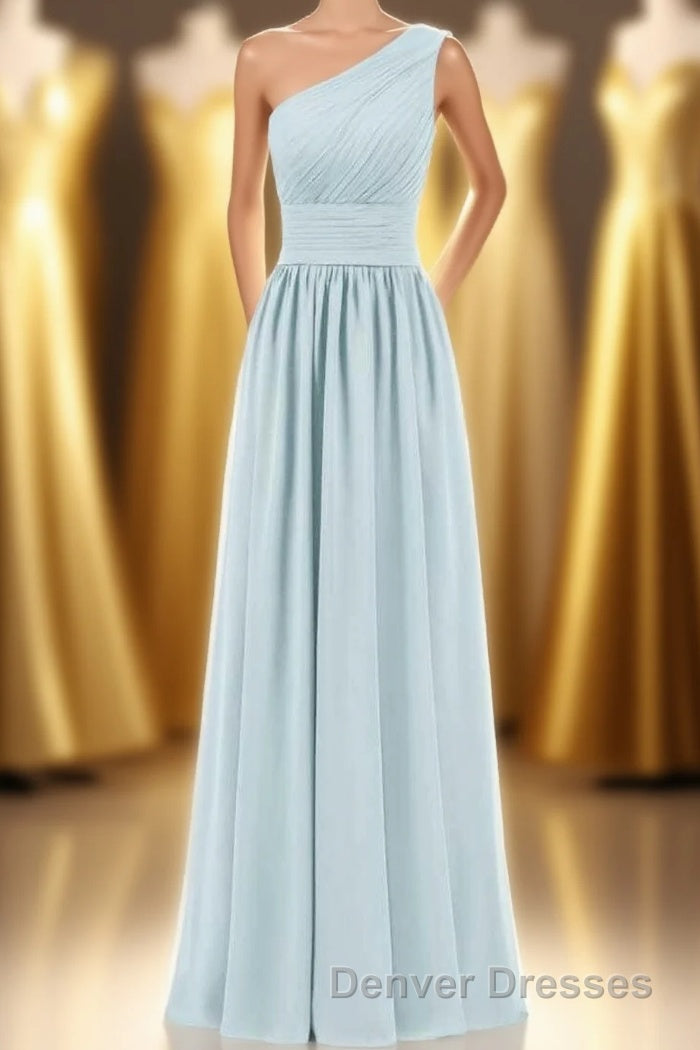 Dusty Blue Chiffon One-Shoulder Banded Waist Bridesmaid Dress