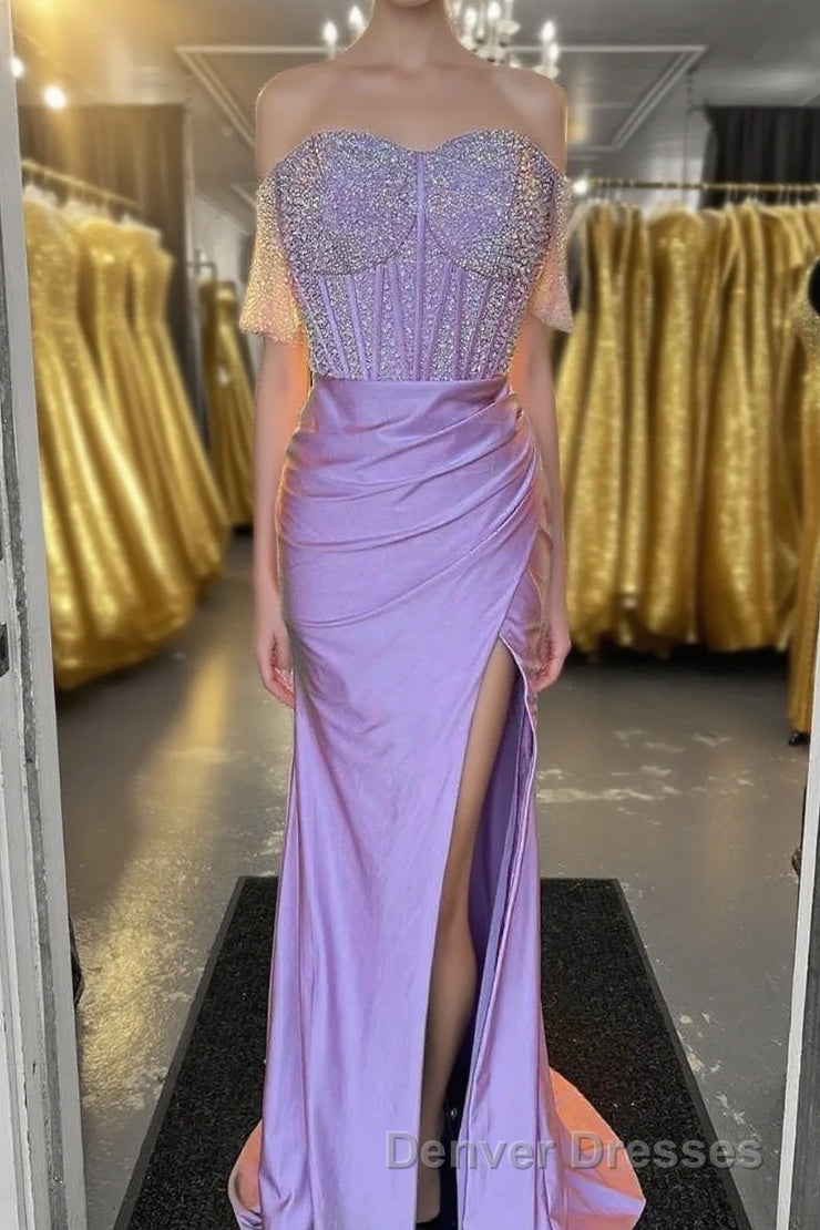 Lilac Beaded Off-the-Shoulder Long Formal Dress with Slit Main image